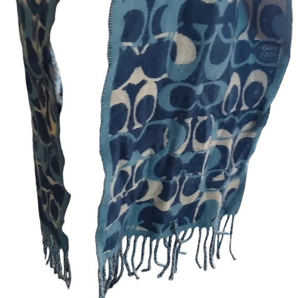 Coach Blues Monogram 100% Merino Wool Oversized‎ Scarf Muffler with fringe - Picture 4 of 15